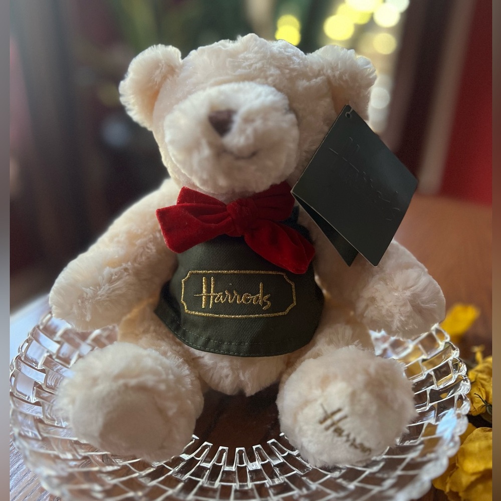 NEW Harrods London Plush Bear with Red Bow and Green Vest (approx 11”)